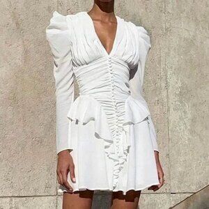 MISHA Collection Jia White Bridal Basque Waist Mini Dress with Long Sleeves